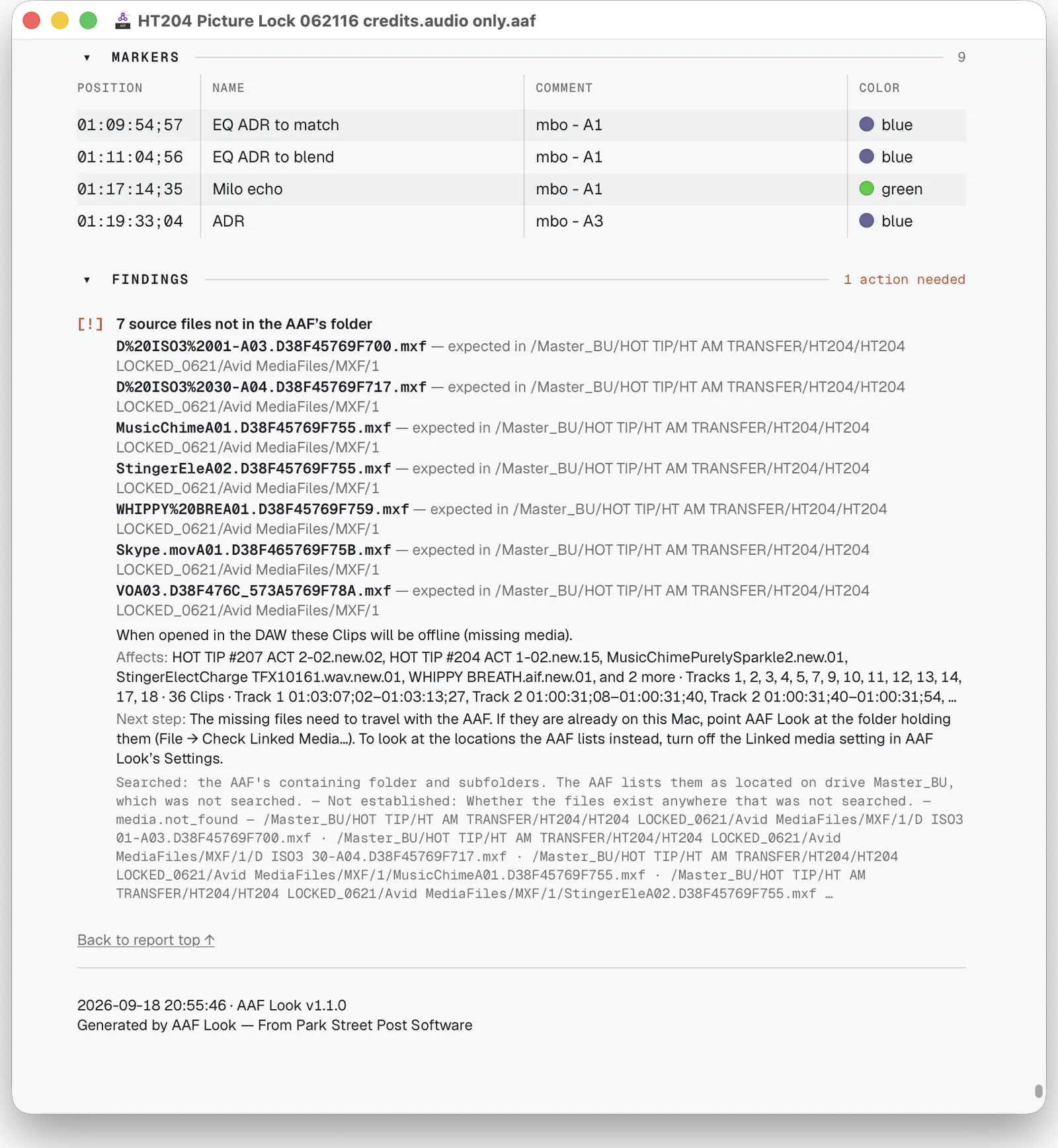 The Findings section of an AAF Look report: one action needed, 7 source files not in the AAF's folder, each file named with the path it was expected at, the 36 clips on 14 tracks it affects, and a next step.