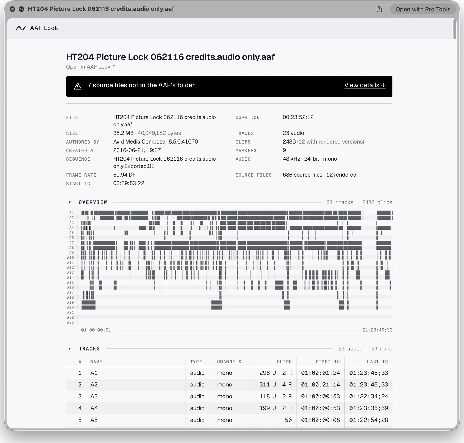AAF Look's QuickLook preview of a linked-media turnover, with a black banner across the top of the report reading 7 source files not in the AAF's folder, and a View details link.