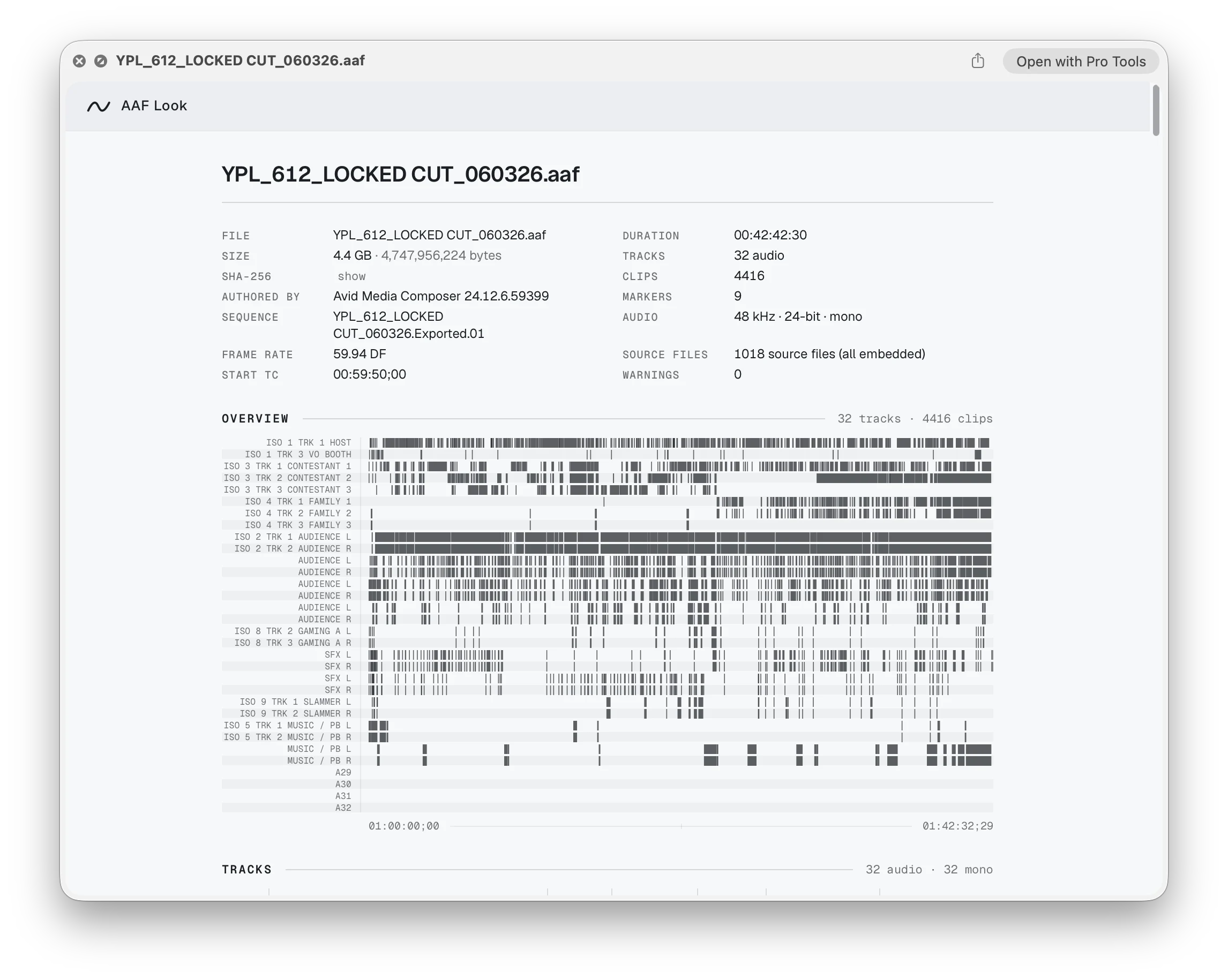 QuickLook preview of a real AAF turnover rendered by AAF Look: file facts, a 32-track overview map, and the tracks table.