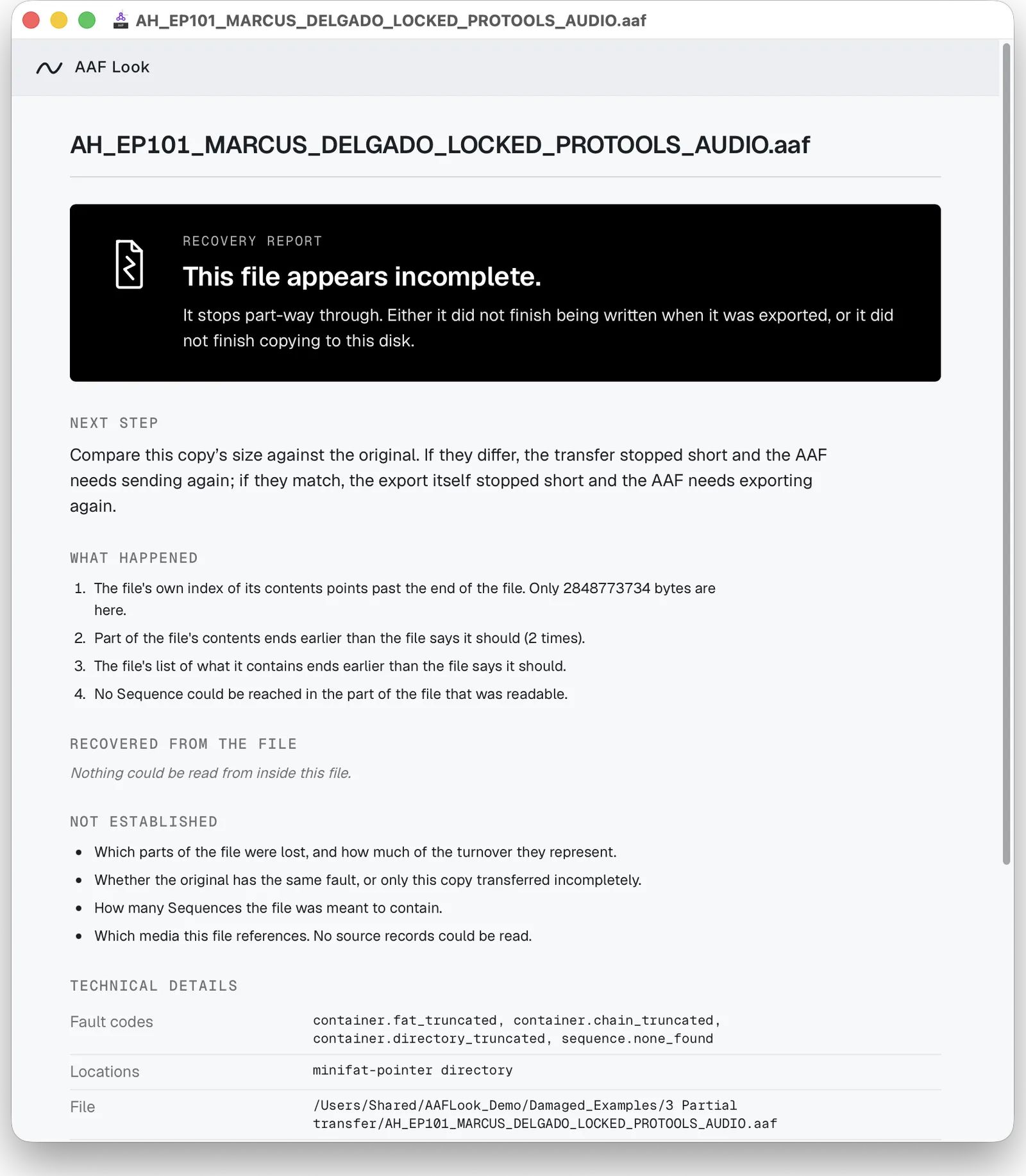 An AAF Look Recovery Report for a partial transfer: a black panel reading This file appears incomplete, followed by a next step, what happened, what was recovered from the file, what was not established, and the technical details.