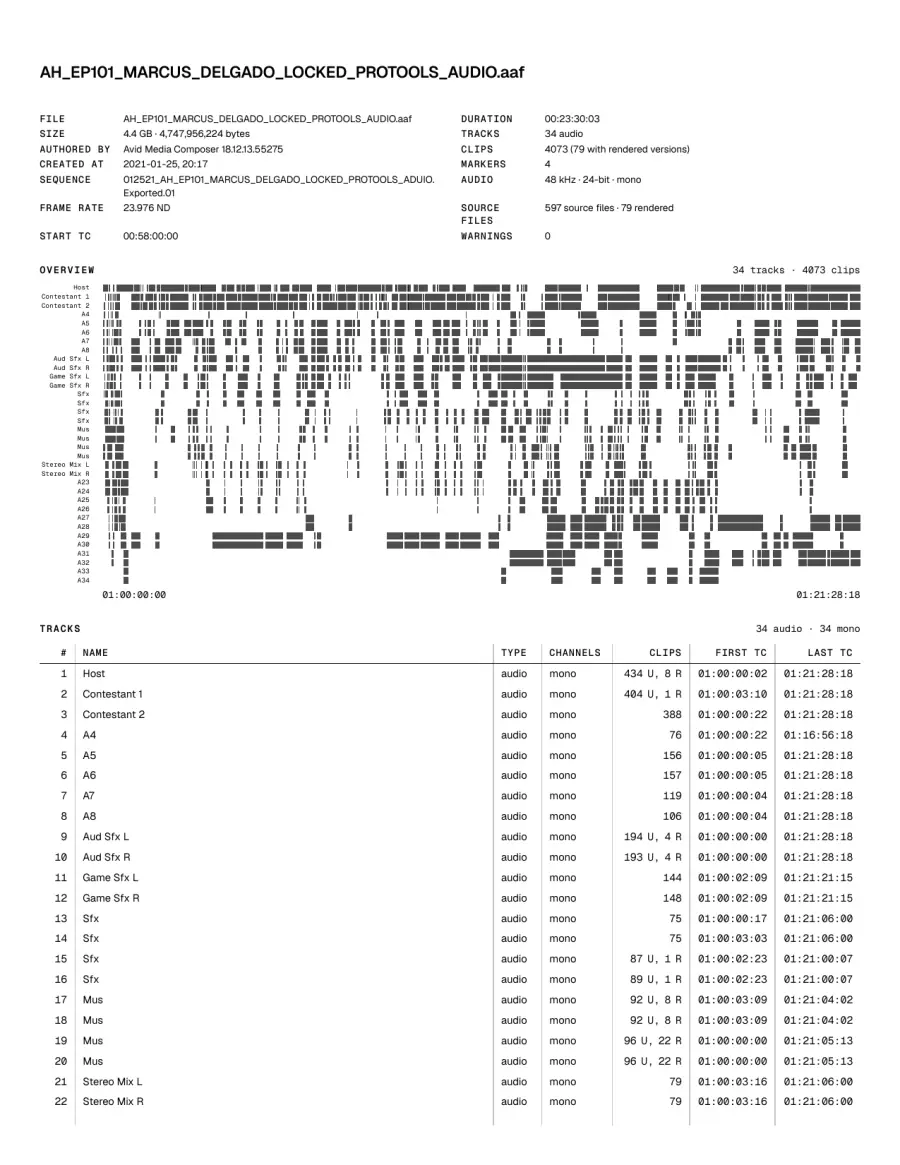 First page of an AAF Look report exported to PDF: file summary, track overview map, and the start of the tracks table.