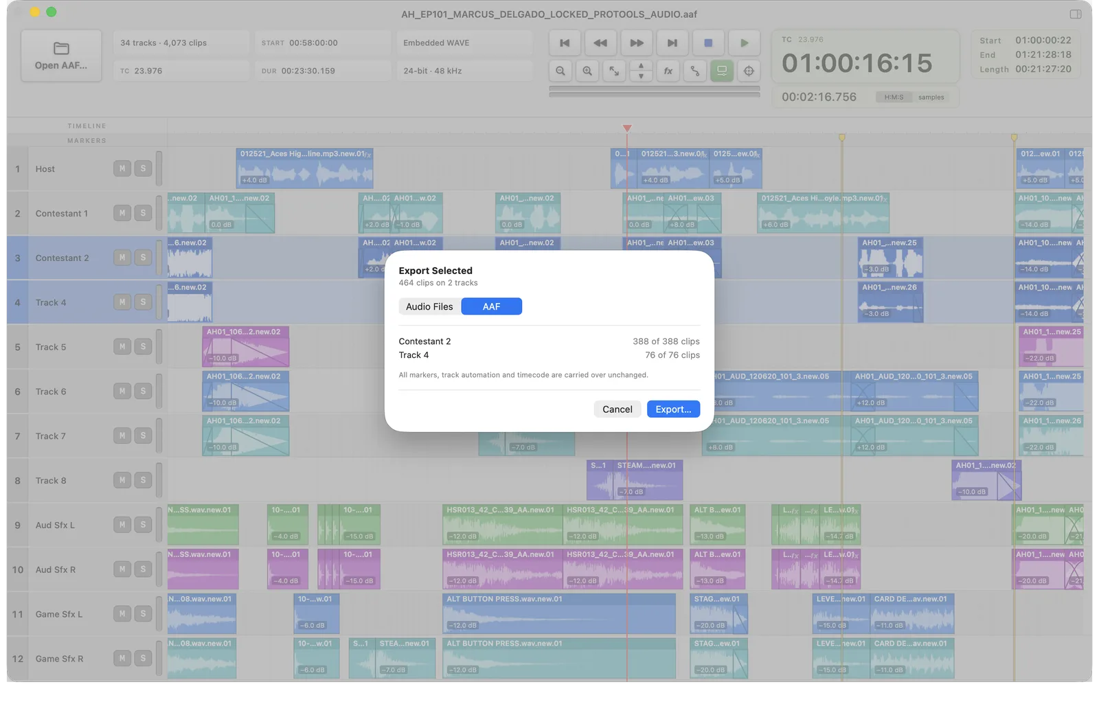 AAF Player's Export Selected sheet with AAF chosen: 464 clips on 2 tracks, Contestant 2 with 388 of 388 clips and Track 4 with 76 of 76, and a note that all markers, track automation and timecode are carried over unchanged.