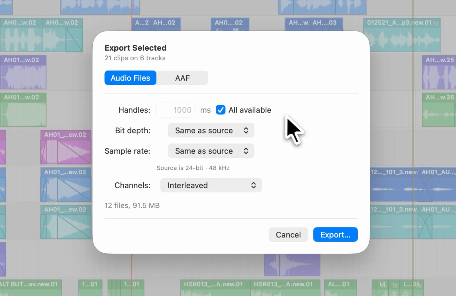 AAF Player's Export Selected sheet over the timeline: Audio Files chosen, handles set to all available, bit depth and sample rate matching the source, twelve files at 91.5 MB.