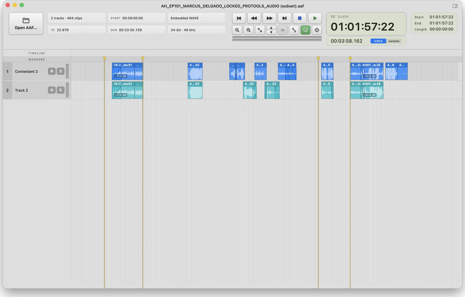 The exported subset AAF open in AAF Player as a file of its own: 2 tracks, 464 clips, the same start timecode and duration as the original, markers intact.