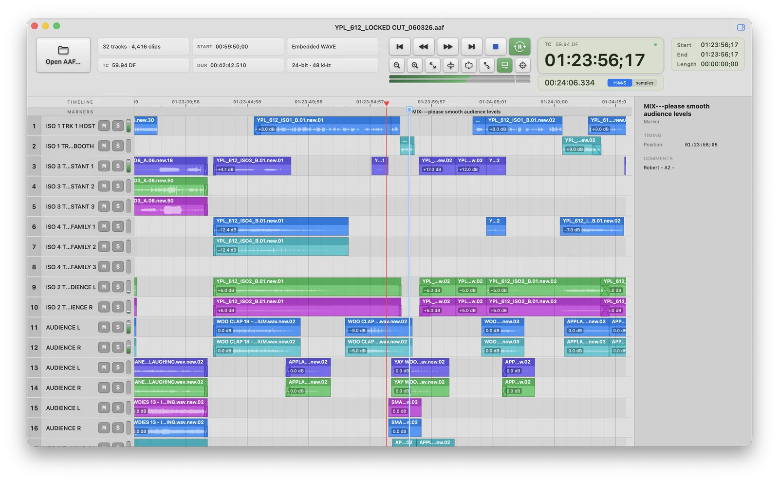 AAF Player showing the mixer's markers on the timeline, with one selected and its full comment text in the sidebar, and clip gain values printed on every clip.