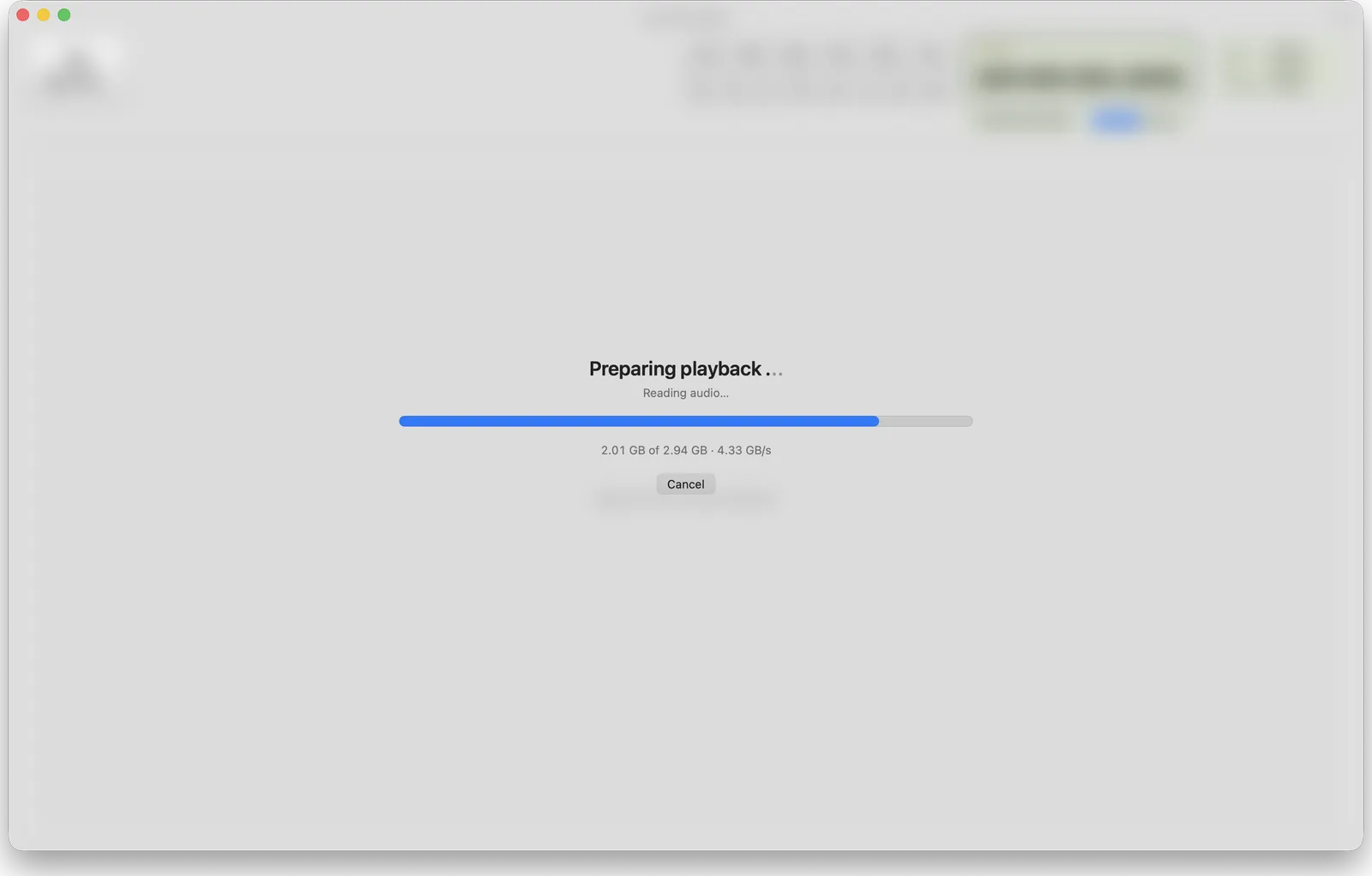 AAF Player's Preparing playback progress over a blurred timeline: reading audio, 2.01 GB of 2.94 GB, at 4.33 GB per second.