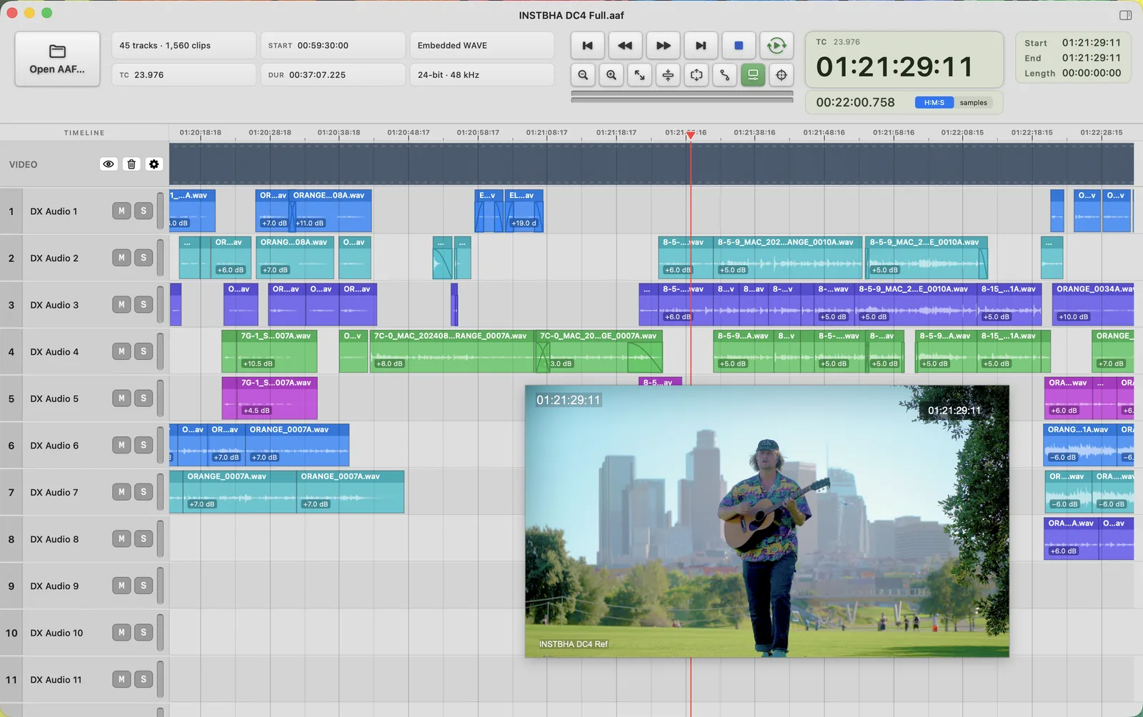 AAF Player playing a 45-track turnover with the reference picture floating over the timeline, both showing timecode 01:21:29:11, and a VIDEO lane along the top of the track list.