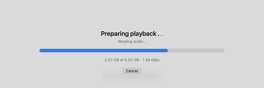 AAF Player's Preparing playback progress: reading audio, 2.07 GB of 5.03 GB, at 1.89 GB per second.