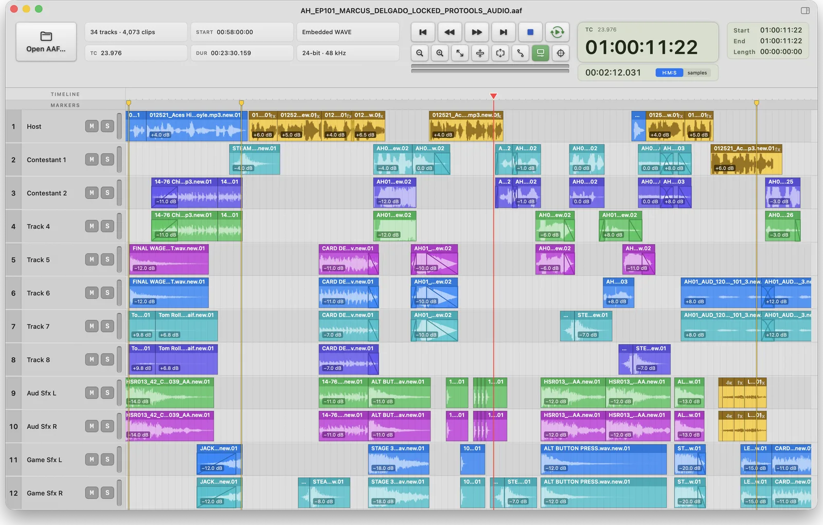 AAF Player's timeline with a 34-track turnover open. On the Host track a run of clips is drawn in gold and badged fx, marking rendered effects, while the unprocessed clips on the tracks below keep their own track colours.