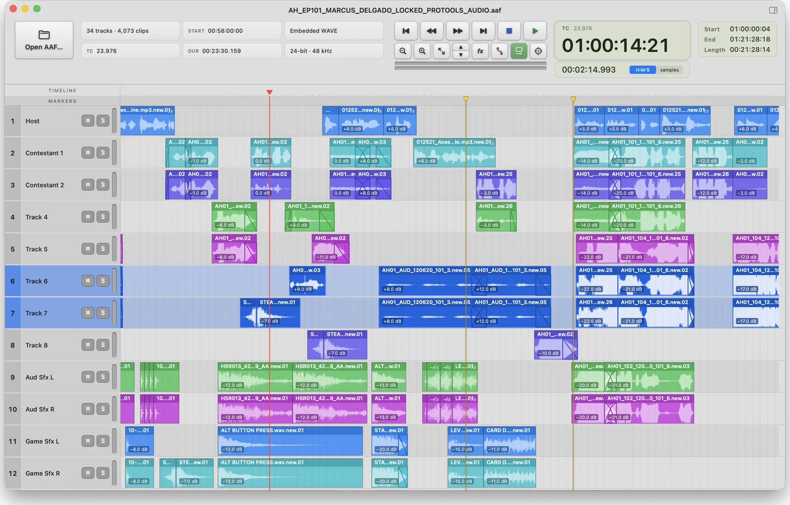 AAF Player with two tracks selected: Track 6 and Track 7 are tinted blue across their full width, and the counter reads Length 00:21:28:14.