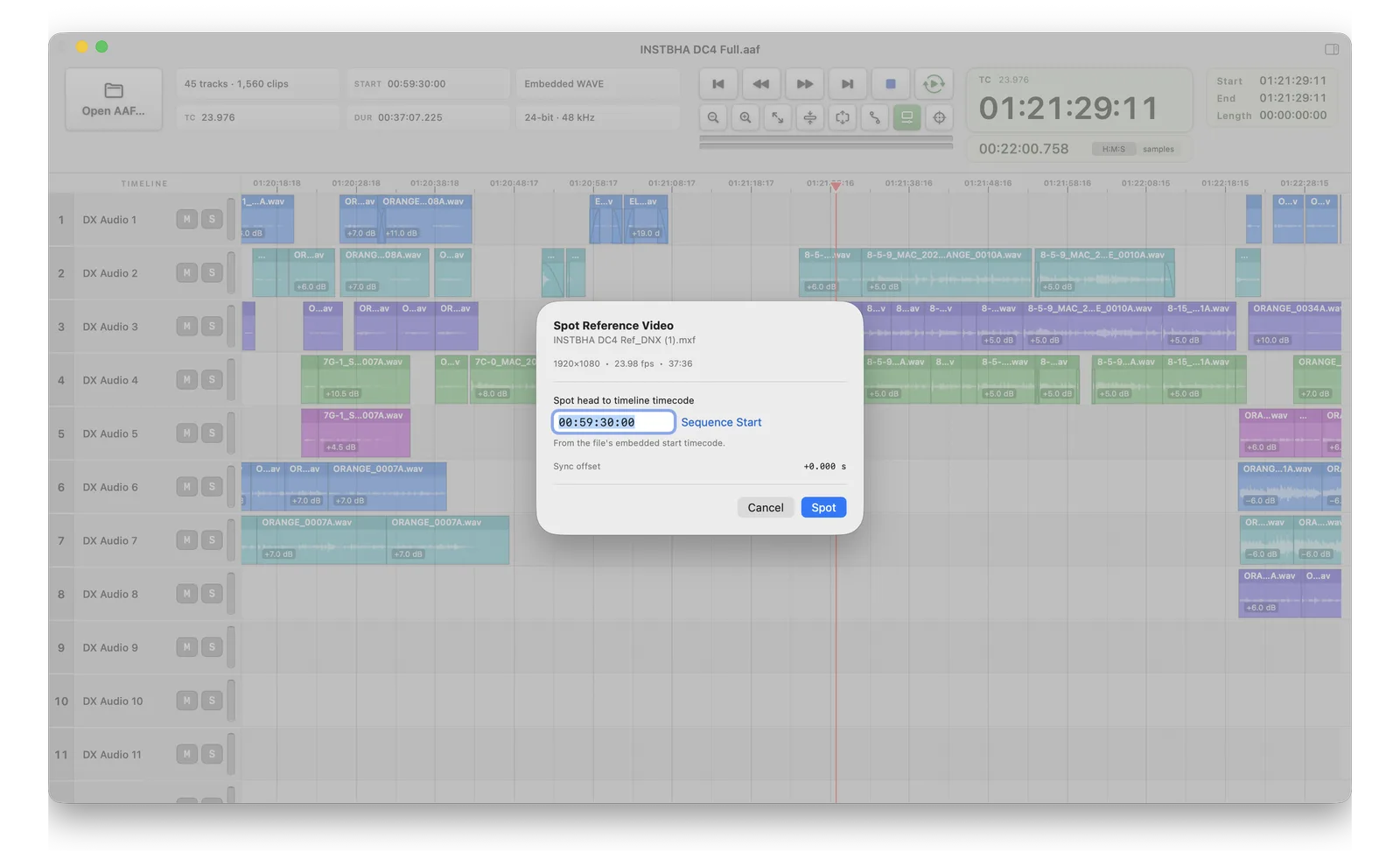 AAF Player's Spot Reference Video dialog: the file is 1920 by 1080 at 23.98 fps, 37 minutes 36 seconds, with the head spotted to 00:59:30:00 from the file's embedded start timecode and a sync offset of zero.