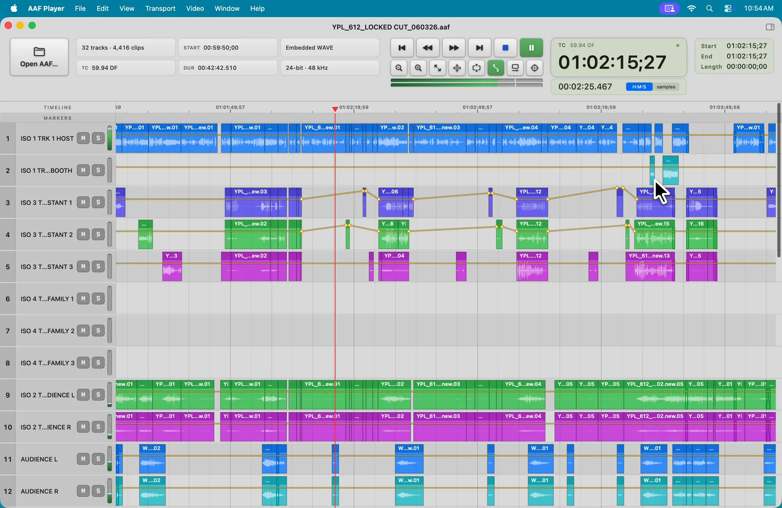 AAF Player with a 32-track turnover open on a read-only timeline: clips, waveforms, transport and timecode.