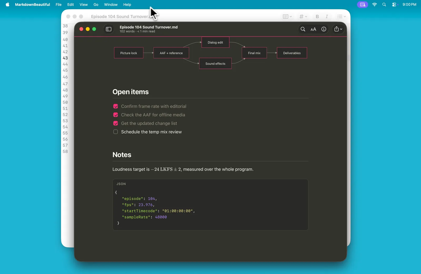 MarkdownBeautiful showing a Markdown document with a flowchart, a checklist and a code block.