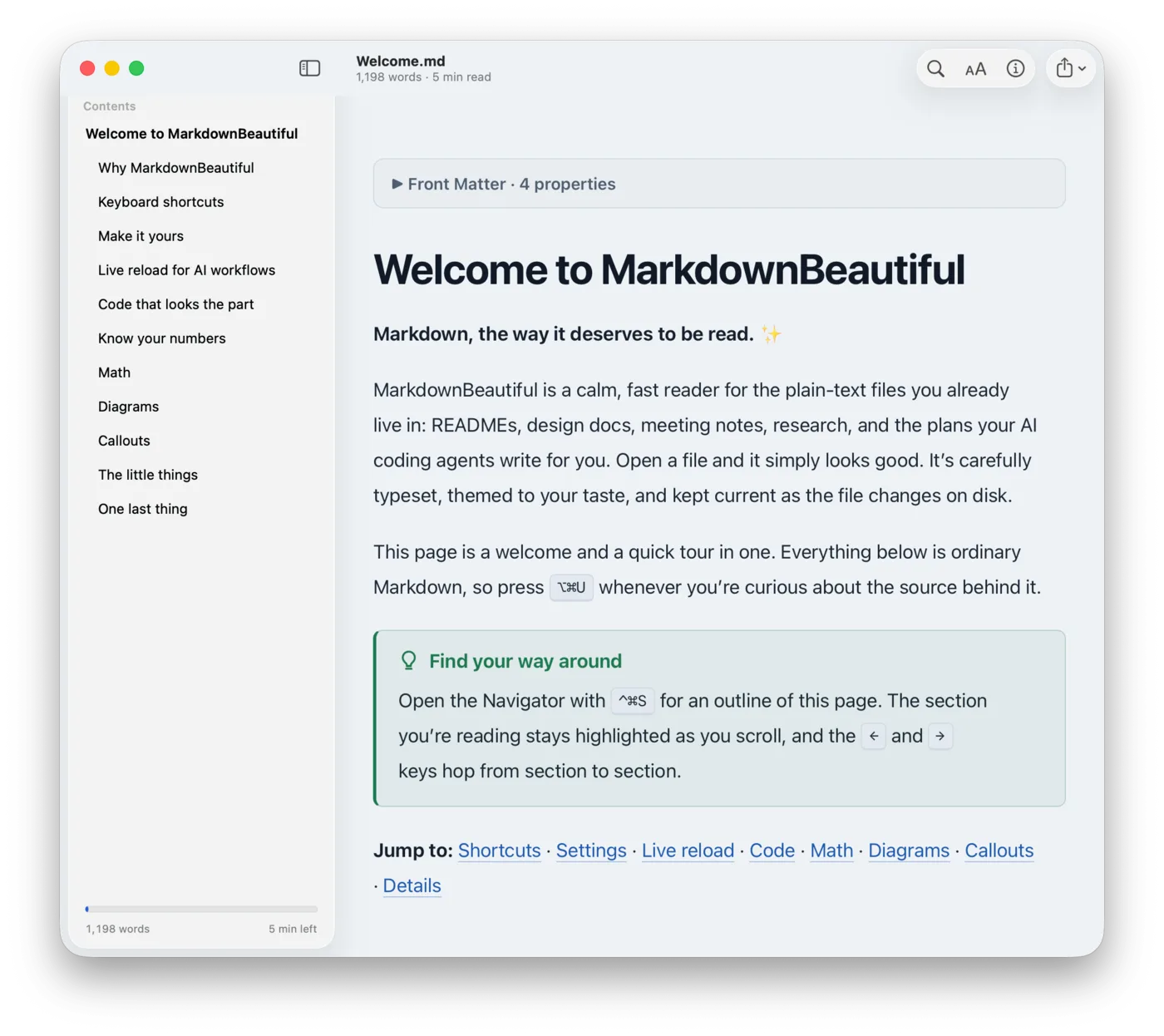 MarkdownBeautiful showing its Welcome document in a light theme, with the outline sidebar on the left and a highlighted callout box.