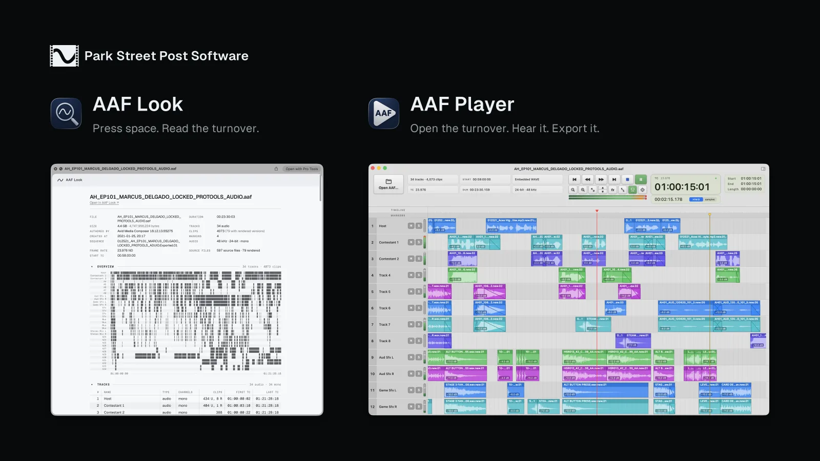 The Park Street Post Software mark above AAF Look's Quick Look report and AAF Player's timeline, each with its app icon, name and tagline.