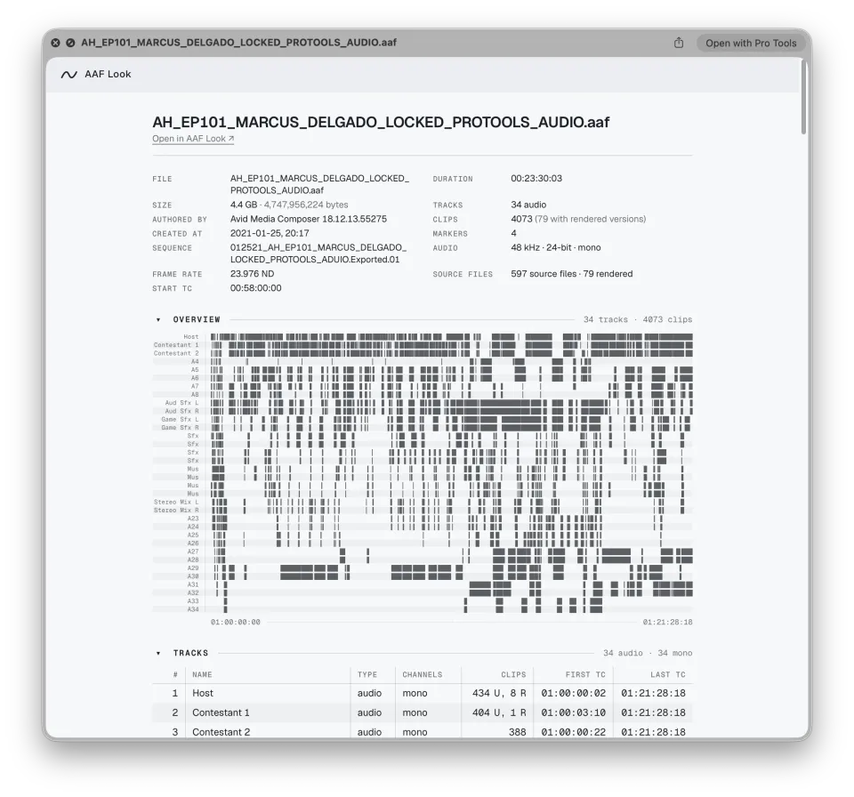 Finder Quick Look window showing an AAF Look report with file facts and a 34-track overview map.