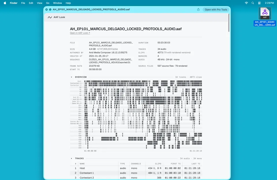 An AAF selected on the macOS desktop with its AAF Look Quick Look report open beside it.