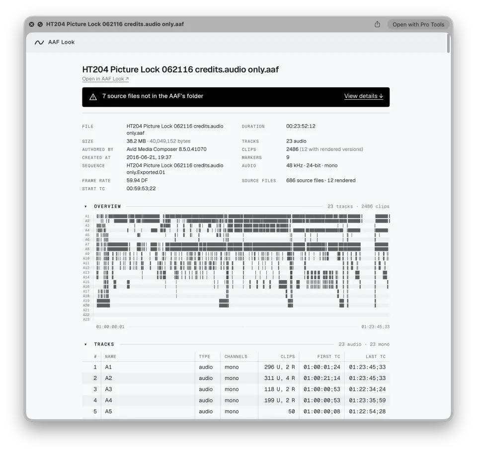 Quick Look report with a black banner reading "7 source files not in the AAF's folder" and a View details link.