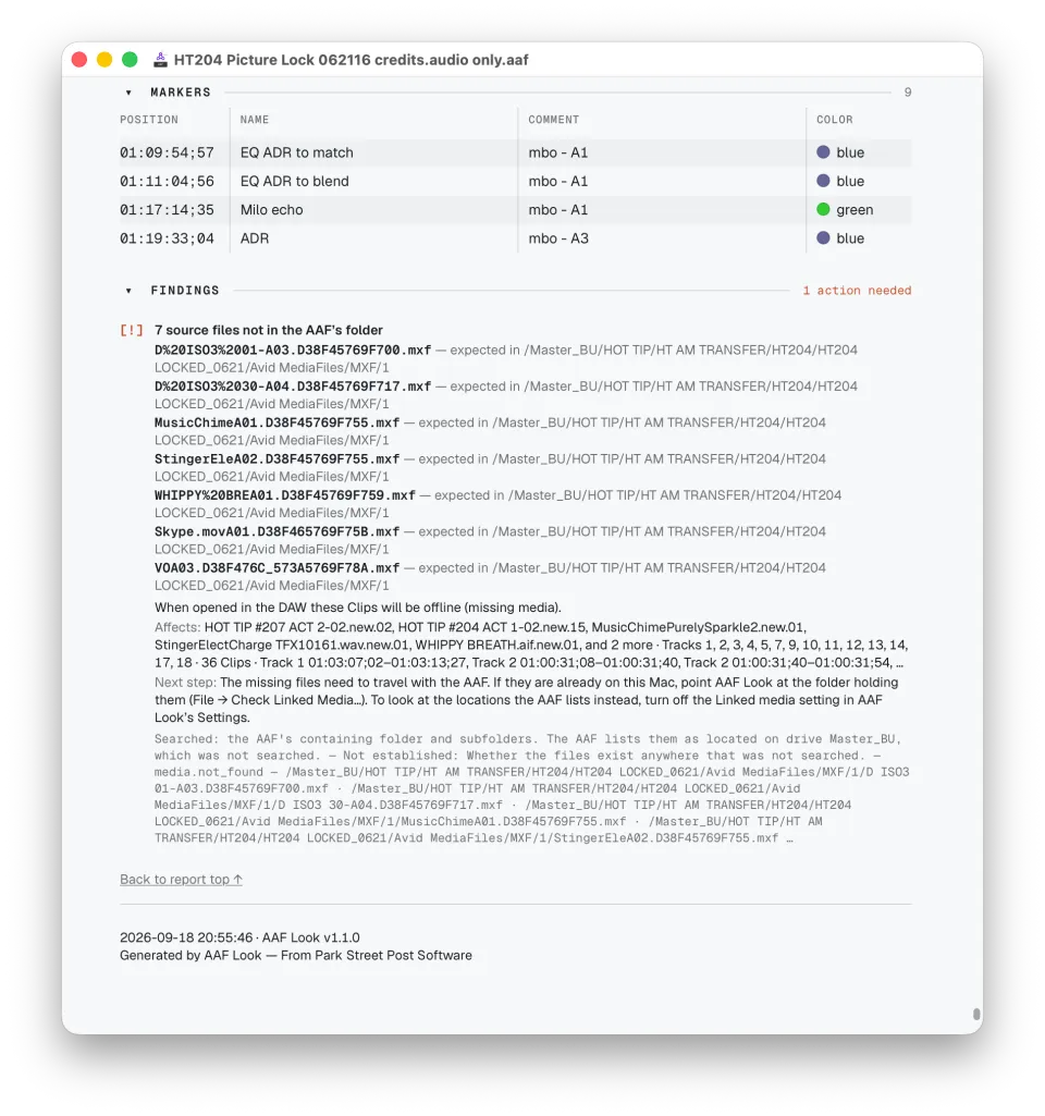 AAF Look Findings section listing seven missing MXF files with their expected paths, affected clips, and a next-step instruction.