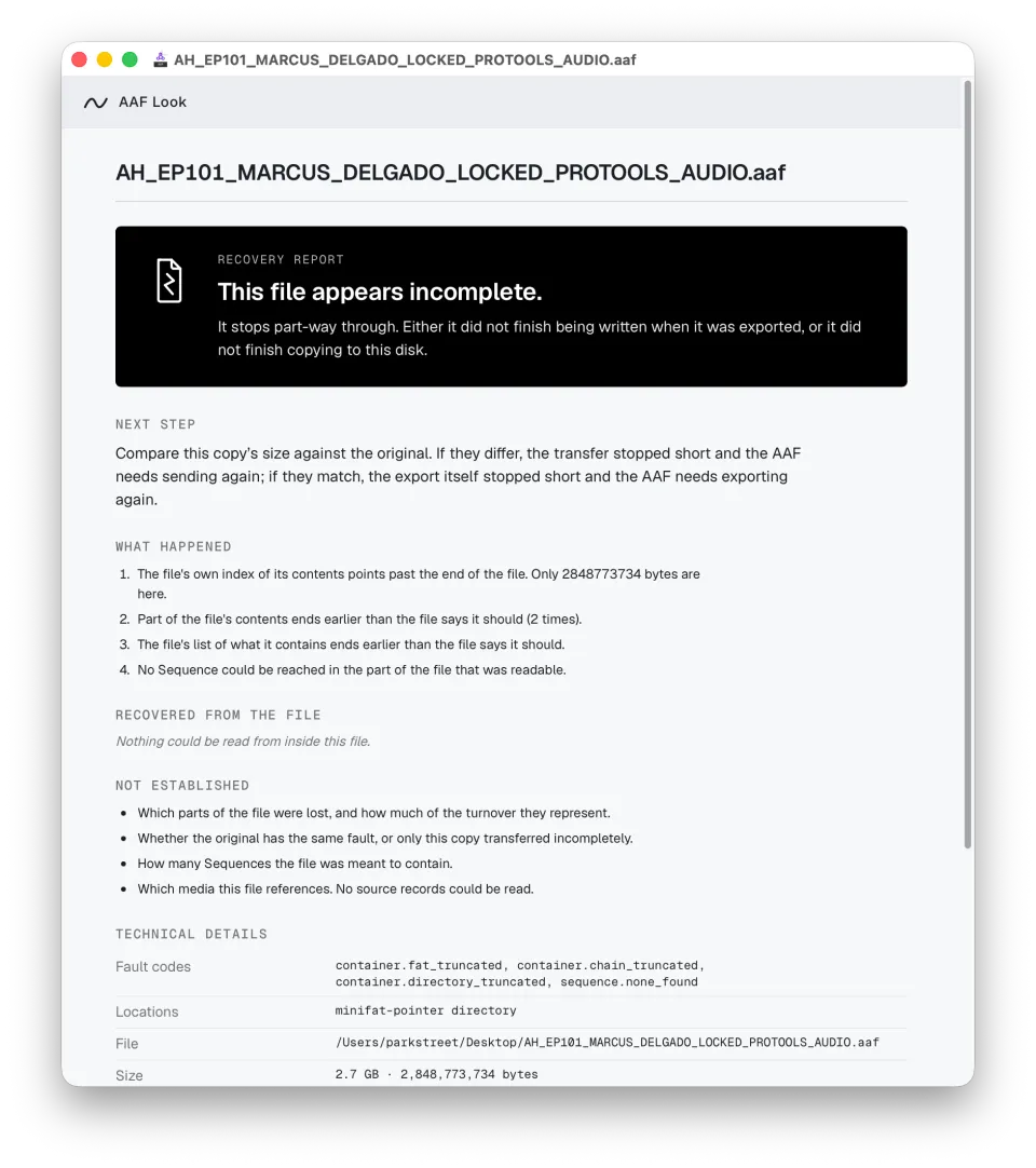 AAF Look Recovery Report headed "This file appears incomplete", with next step, what happened, and technical details.