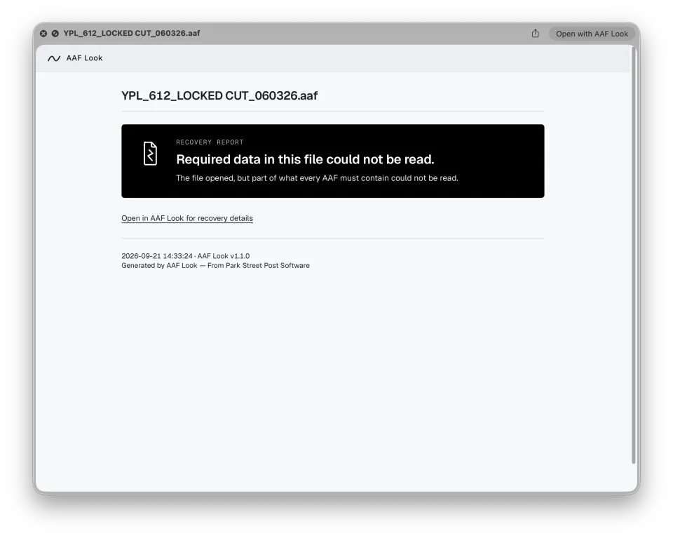 Quick Look window showing a short Recovery Report reading "Required data in this file could not be read" and an Open in AAF Look link.