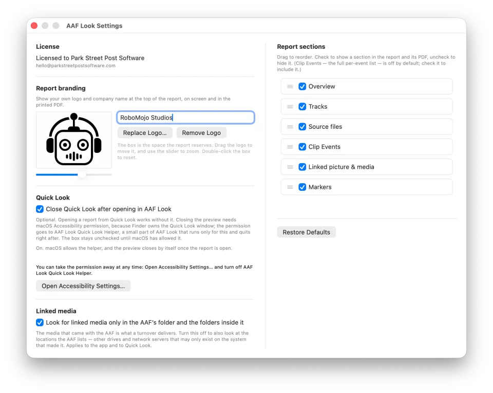 AAF Look Settings with a robot logo and "RoboMojo Studios" in Report branding, and a list of report sections with checkboxes and drag handles.