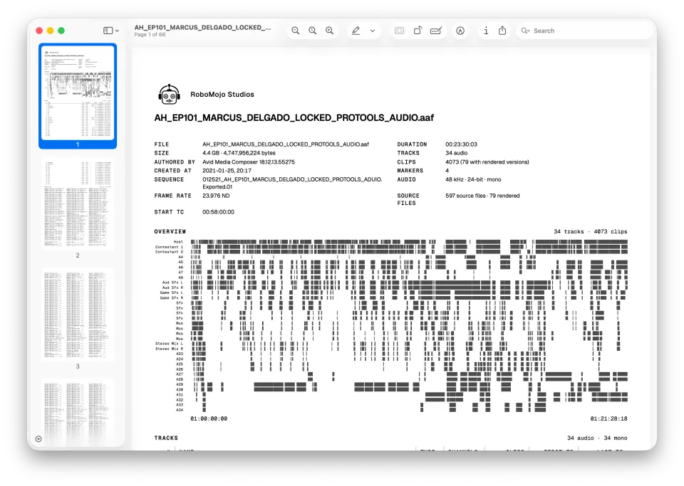 macOS Preview showing page 1 of 66 of a branded AAF Look PDF report, with page thumbnails.