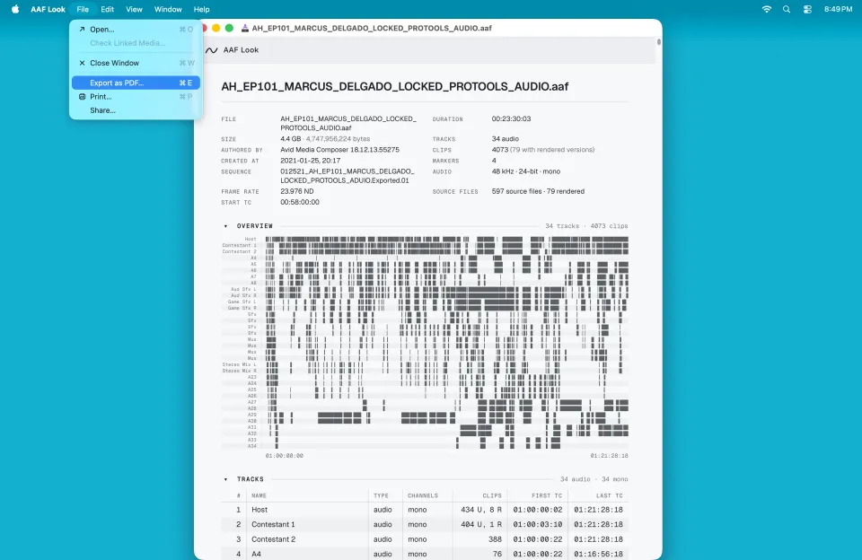 AAF Look with the File menu open, Export as PDF highlighted and Check Linked Media visible.