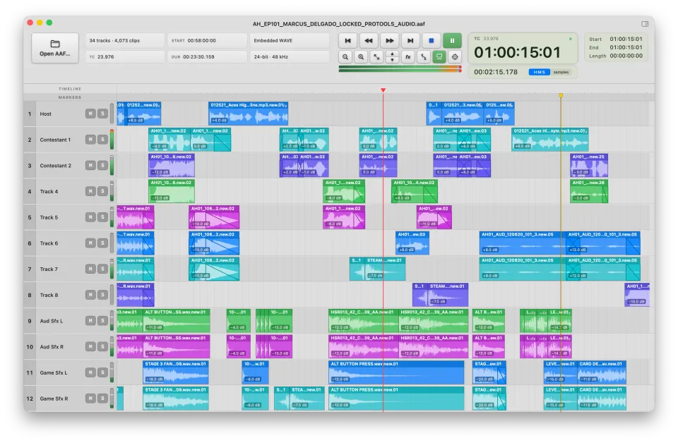 AAF Player playing a dense multi-track timeline of colored clips, with the transport and a large timecode counter.