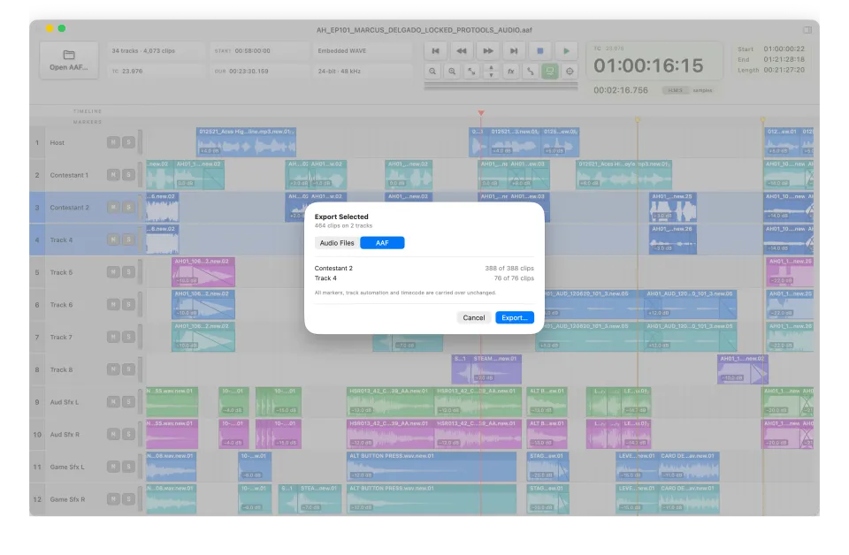 AAF Player's Export Selected sheet set to AAF, listing two tracks and their clip counts.