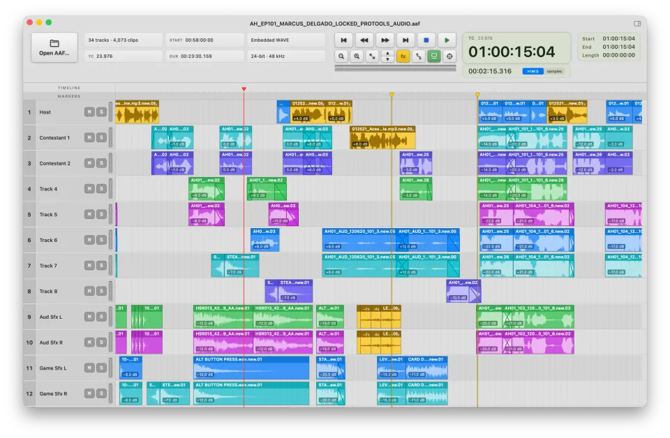 AAF Player timeline with gold rendered clips and the fx button lit.