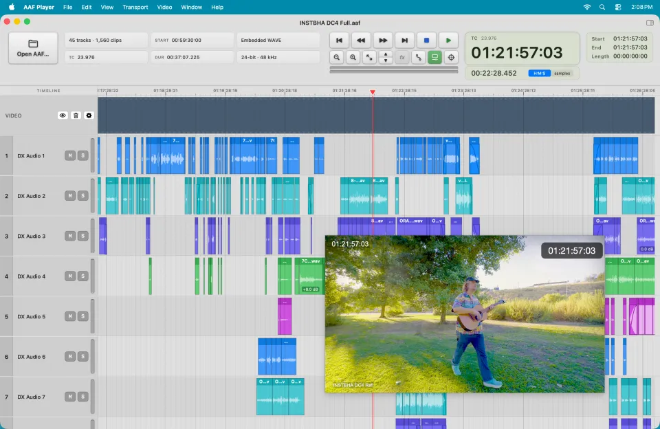 AAF Player with a reference movie over the timeline; the burned-in timecode and the counter both read 01:21:57:03.