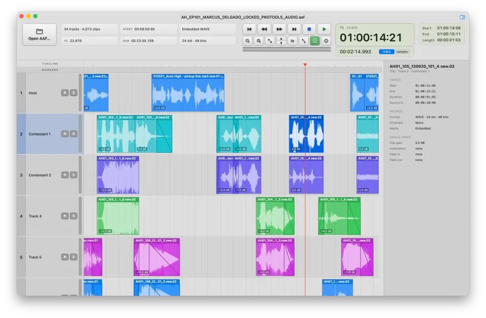 AAF Player with a clip selected and the inspector showing its timing, source format and gain.