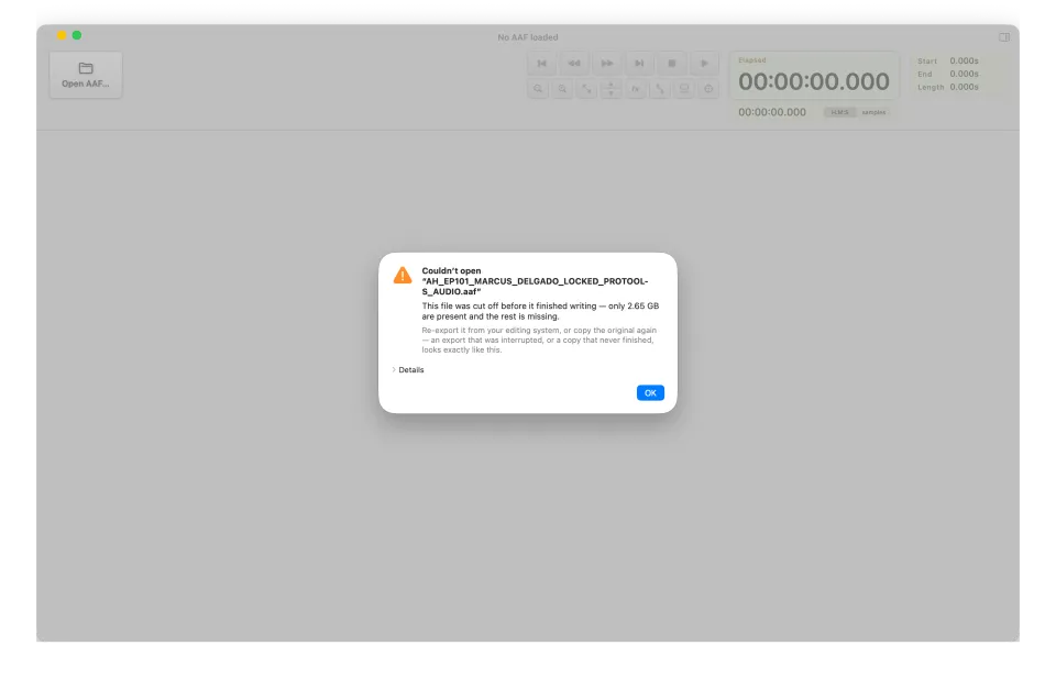 AAF Player alert reading "Couldn't open" and "This file was cut off before it finished writing".