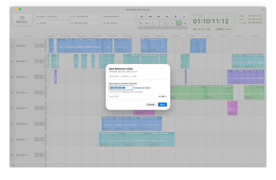 AAF Player's Spot Reference Video dialog with a start timecode entered.