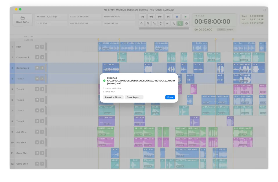 AAF Player export-complete sheet listing the exported AAF, 2 tracks and 464 clips.