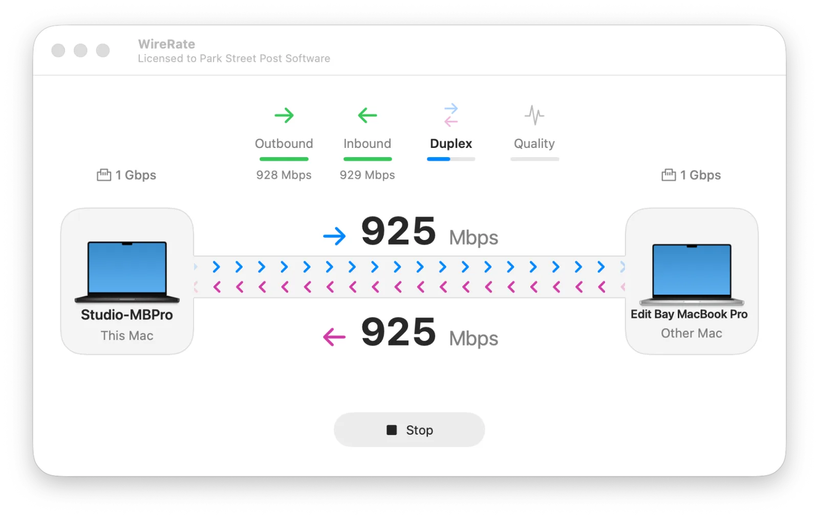 WireRate during the duplex stage: blue arrows flowing out and magenta arrows flowing in along the cable at the same time, 925 Mbps each way, with Outbound and Inbound already lit green.