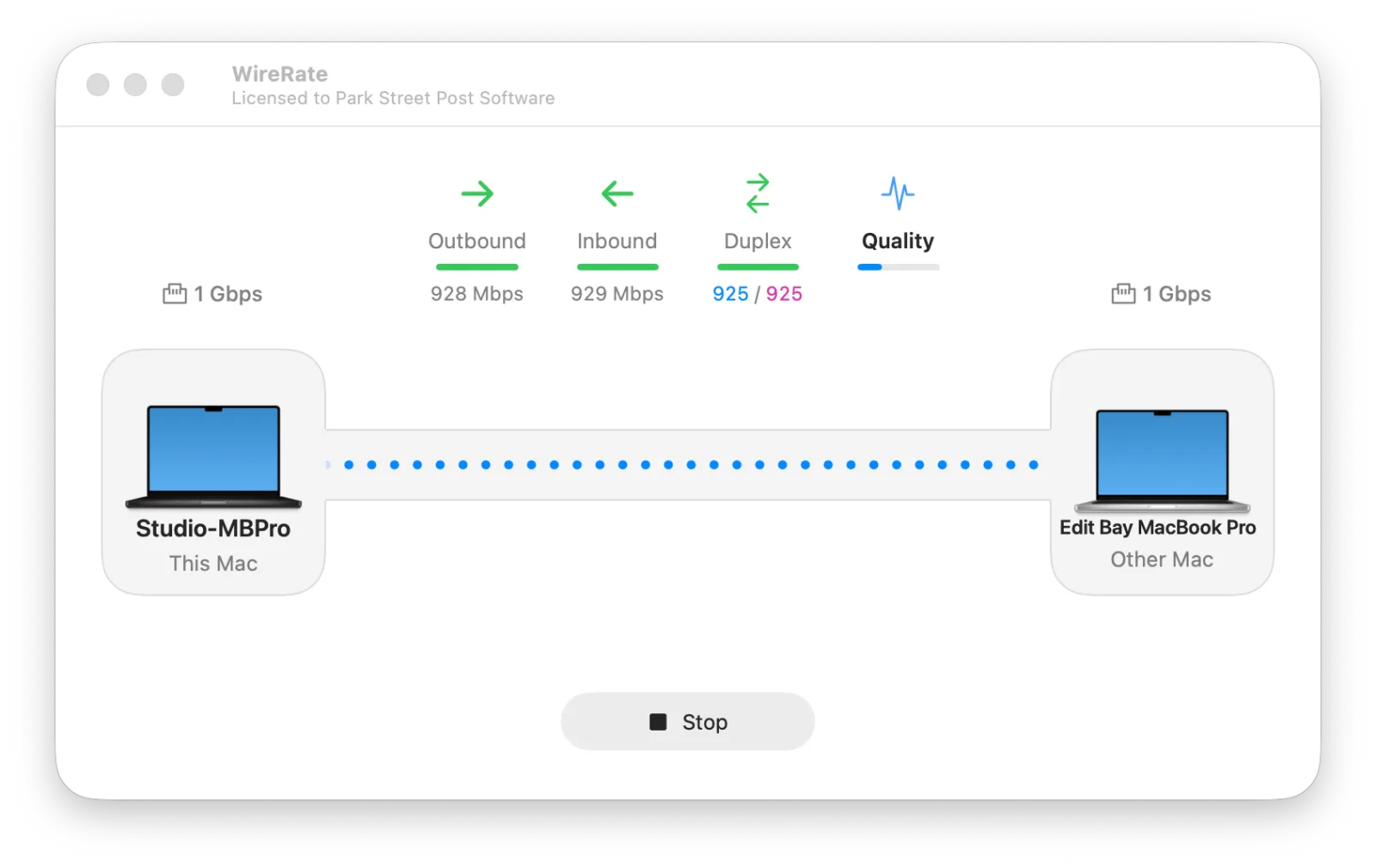 WireRate during the packet check: a line of blue dots crossing the cable, with Outbound, Inbound and Duplex lit green and Quality in progress.