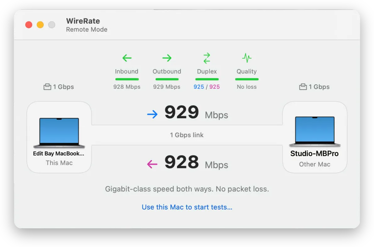 WireRate on the second Mac, titled Remote Mode, showing the same finished test from its side: 929 Mbps out, 928 in, no packet loss, and a link reading Use this Mac to start tests.