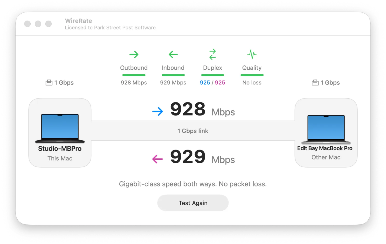 WireRate after a test between two MacBook Pros: four green lights reading Outbound 928 Mbps, Inbound 929 Mbps, Duplex 925 / 925 and Quality No loss, a 1 Gbps link between the two Macs, and the line Gigabit-class speed both ways. No packet loss.